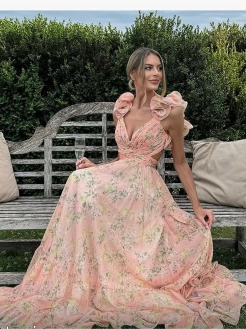 Elegant Pink Floral Ruffled-Shoulder Maxi Dress